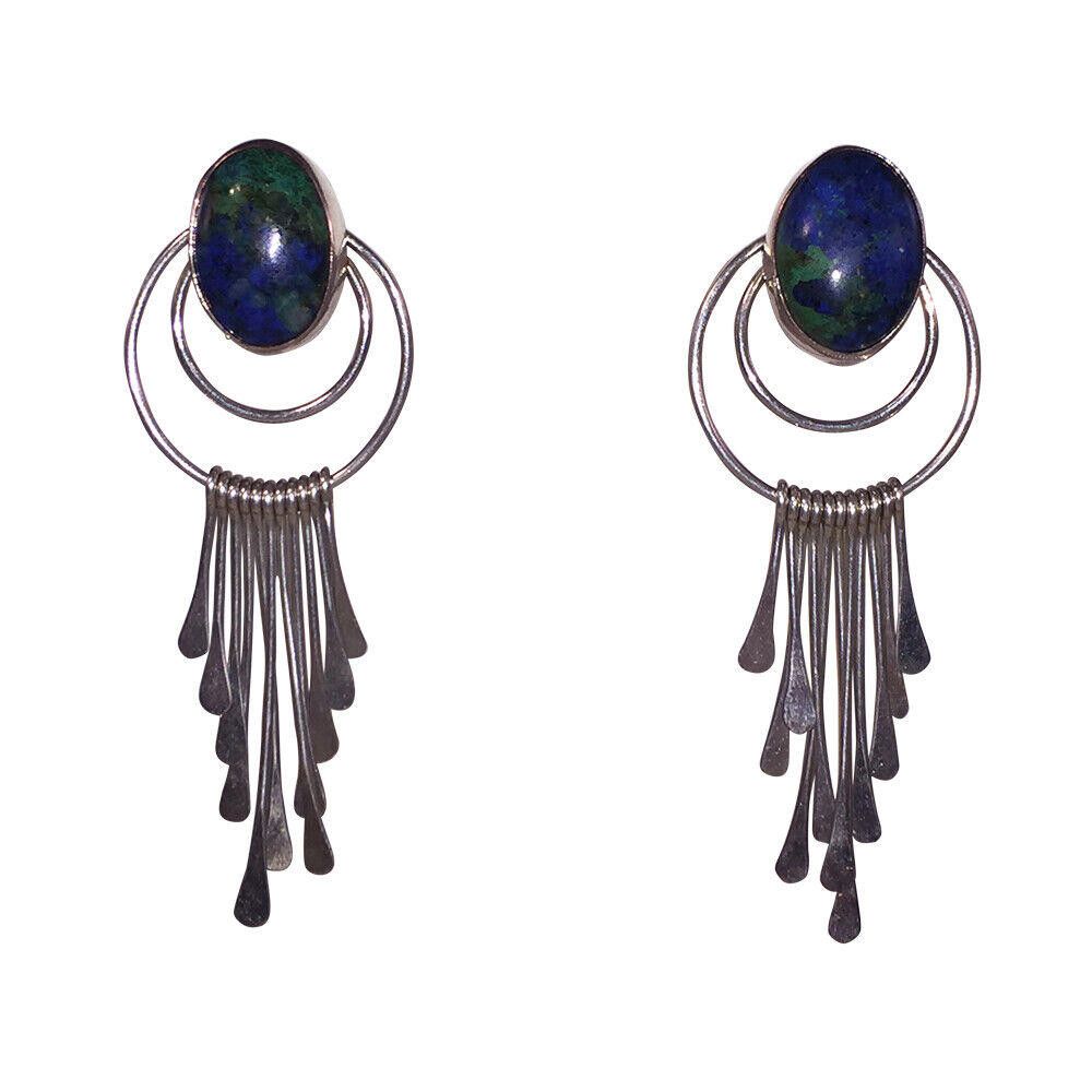 Sterling Bezel Set Chrysocolla Cabochon Chandelier Earrings