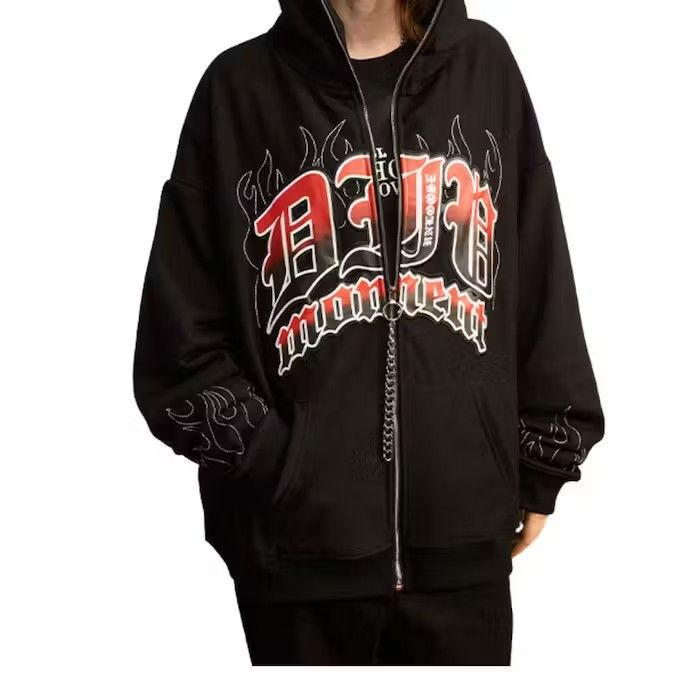 image of Vintage Y2K Graphic Full Zip Hoodie in Black, Men's (Size Medium)