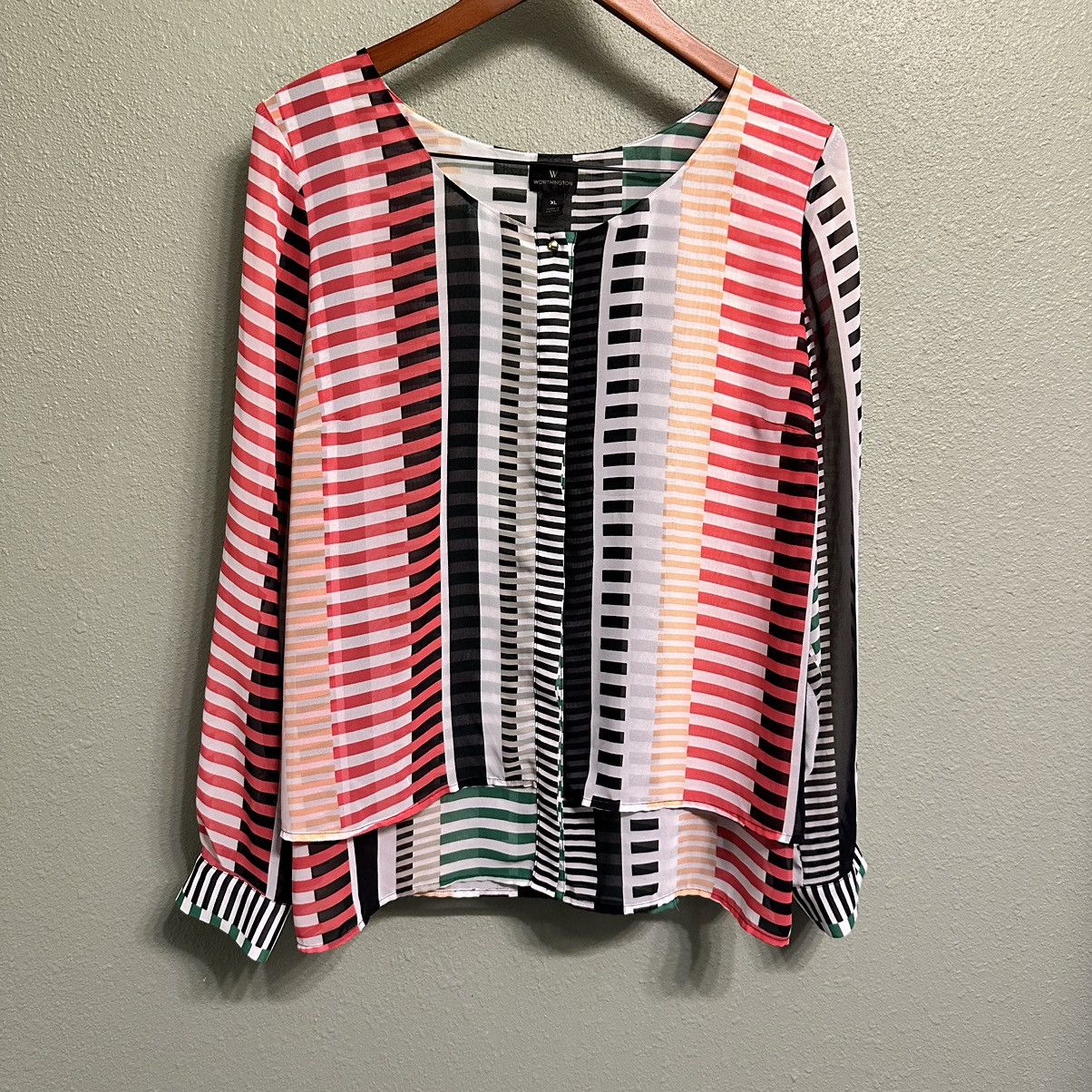 Worthington 90’s style Worthington Green, coral, black striped blouse Size XL / US 12-14 / IT 48-50 - 1 Thumbnail
