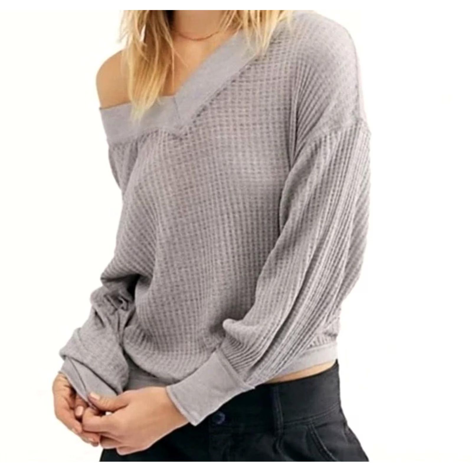 Vintage We The Free Waffle Knit Sweater Womens Medium Gray Off Shoulder Slouchy Top Size M / US 6-8 / IT 42-44 - 2 Thumbnail