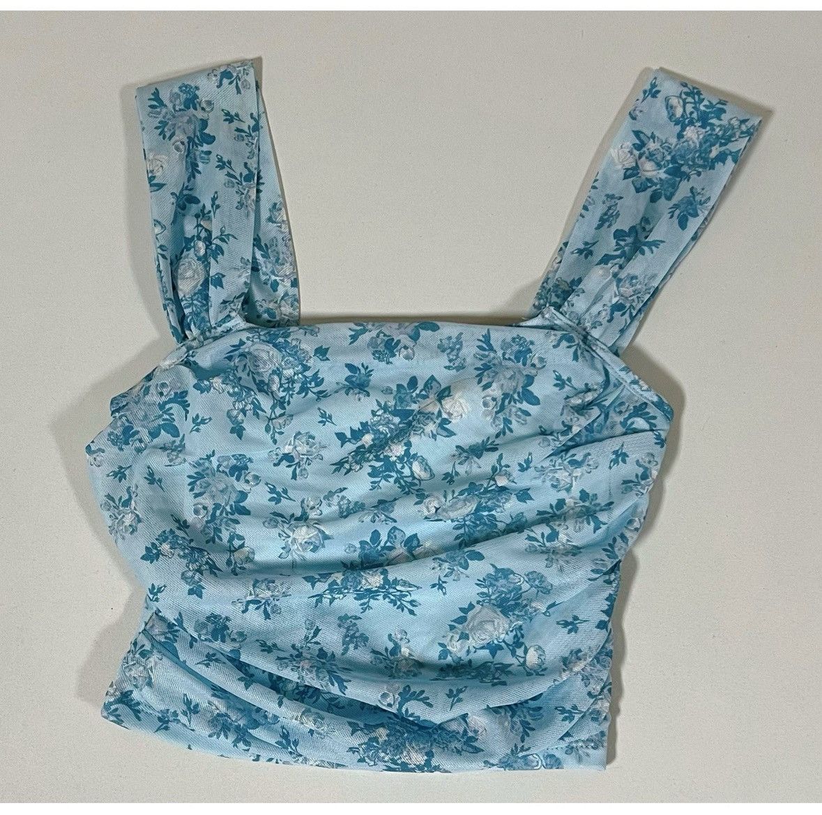 Japanese Brand Blue Mesh Ruched Floral Tank Crop Top Shirt Blouse Cami XS 🩵 Size XS / US 0-2 / IT 36-38 - 2 Thumbnail