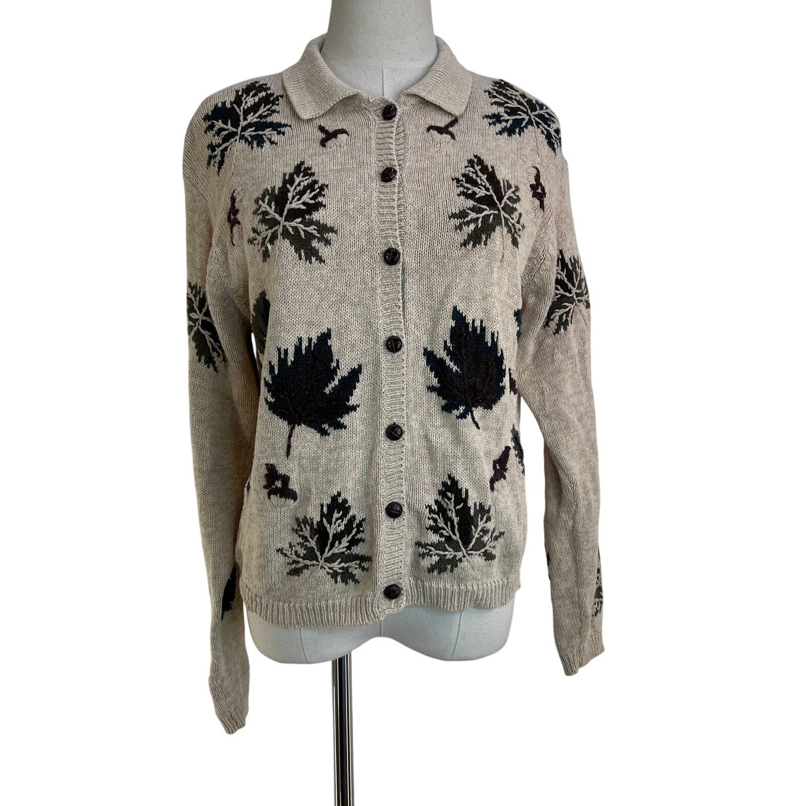 Vintage Vintage Leaf & Acorn Motif Cotton Knit Cardigan by Dressbarn Size L / US 10 / IT 46 - 1 Thumbnail