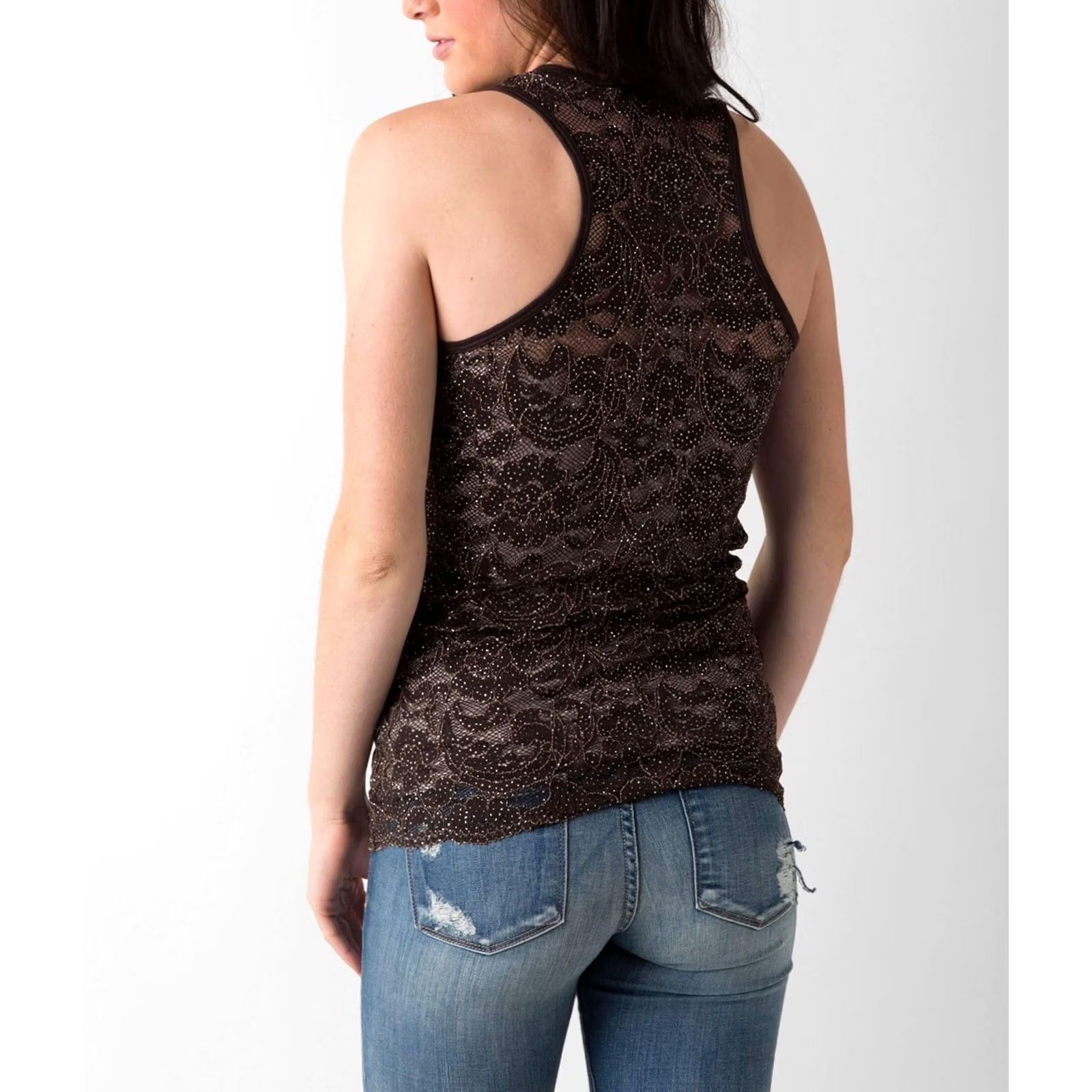 Vintage Buckle Tank Top Women Brown Floral Lace Fitted Sparkly Glitter Layering Sleeveless S Brown Lion Size S / US 4 / IT 40 - 2 Thumbnail