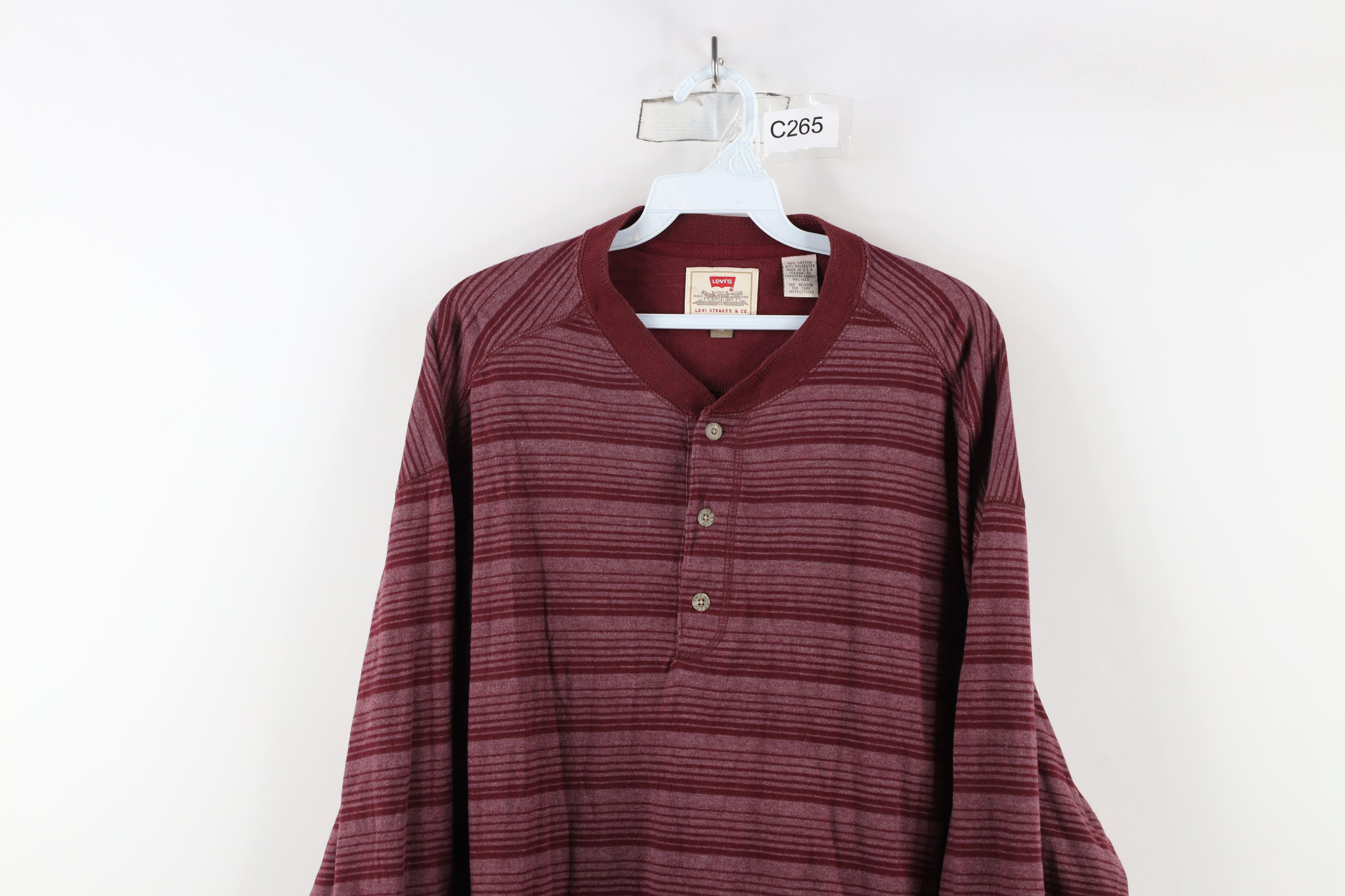 Levi's × Vintage Vintage 90s Levis Striped Long Sleeve Henley T-Shirt Red USA Size US XL / EU 56 / 4 - 2 Thumbnail