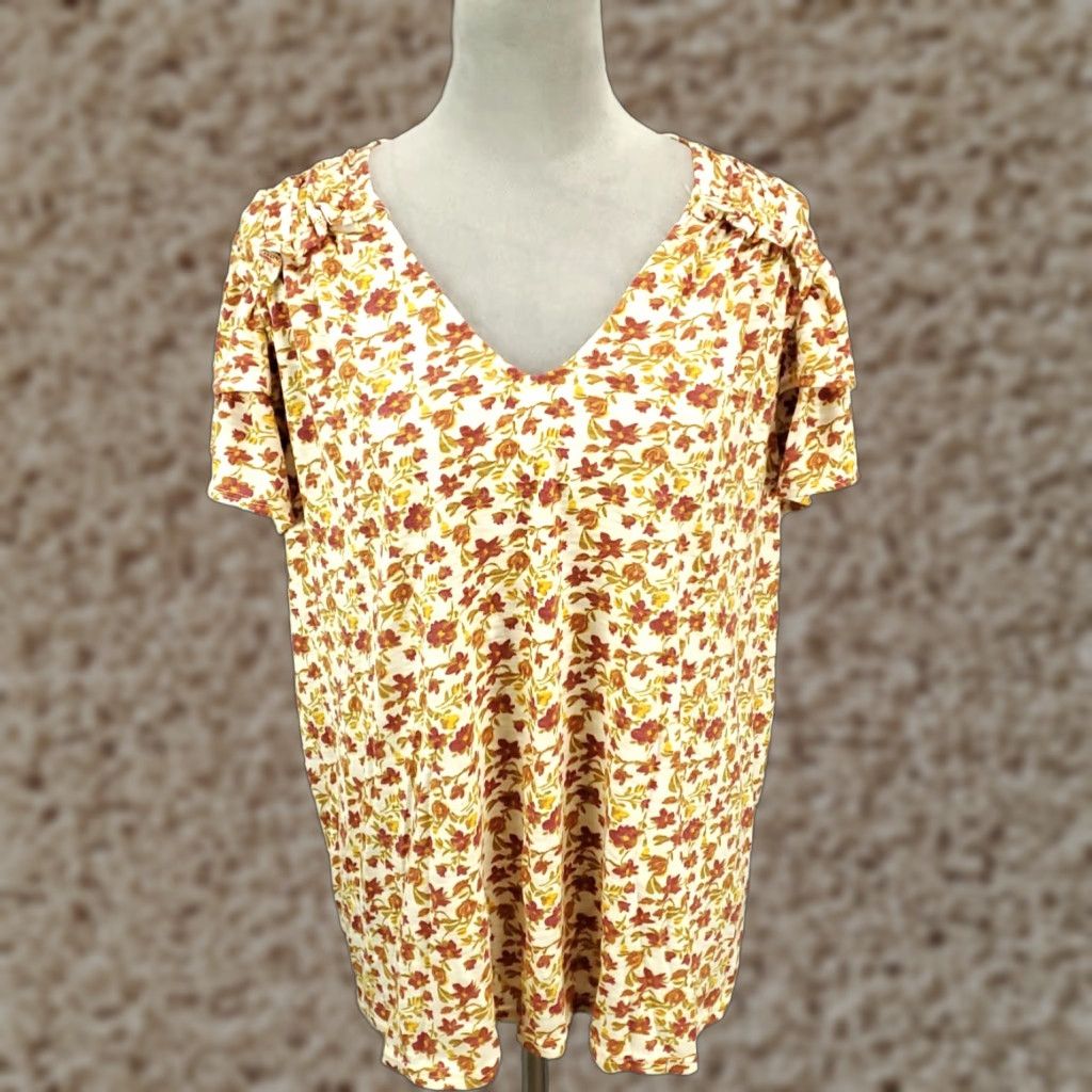 Vintage Rose And Olive Womens Top 2X Orange Floral V-Neck Short Sleeve Pullover Blouse Tunic Casual Shirt Womens Size XXL / US 16-18 / IT 52-54 - 1 Thumbnail