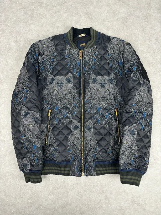 Roberto Cavalli Roberto Cavalli Black Nylon Wolf Embroidered Quilted Bomber Jacket Size US M / EU 48-50 / 2 - 1 Thumbnail