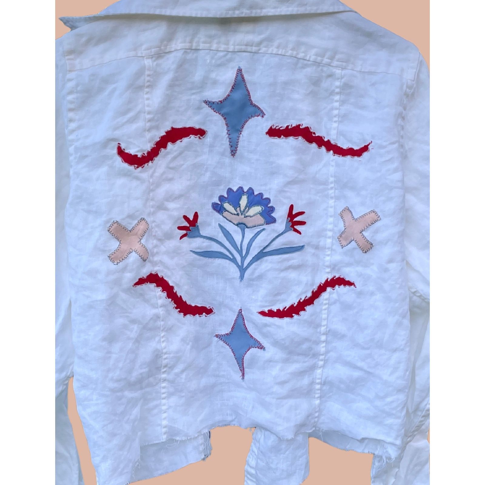 Other Large 100% Linen Cropped Button Up with Boho Applique Size L / US 10 / IT 46 - 1 Thumbnail