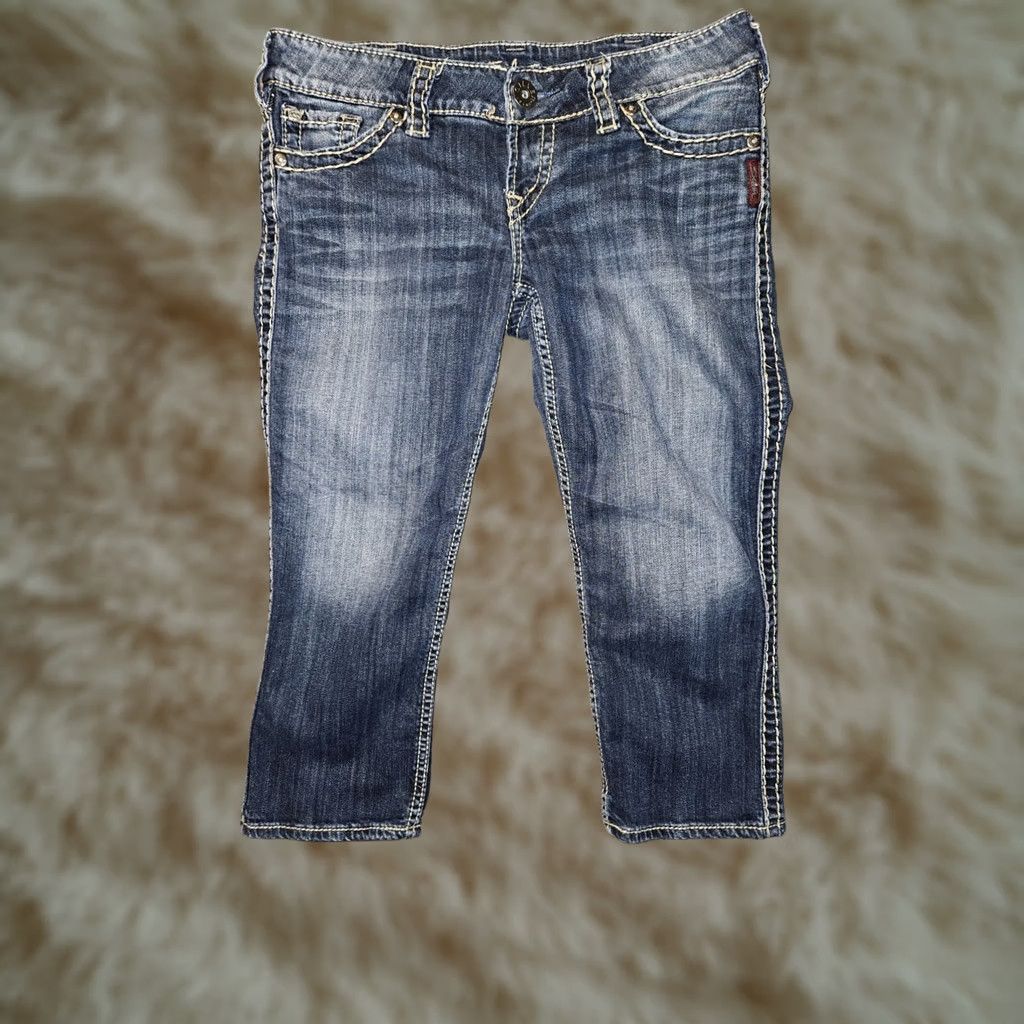 Vintage Silver McKenzie Capri Jeans Womens 30 Low Rise Blue Embroidered Flap Pockets Size 30" / US 8 / IT 44 - 1 Thumbnail