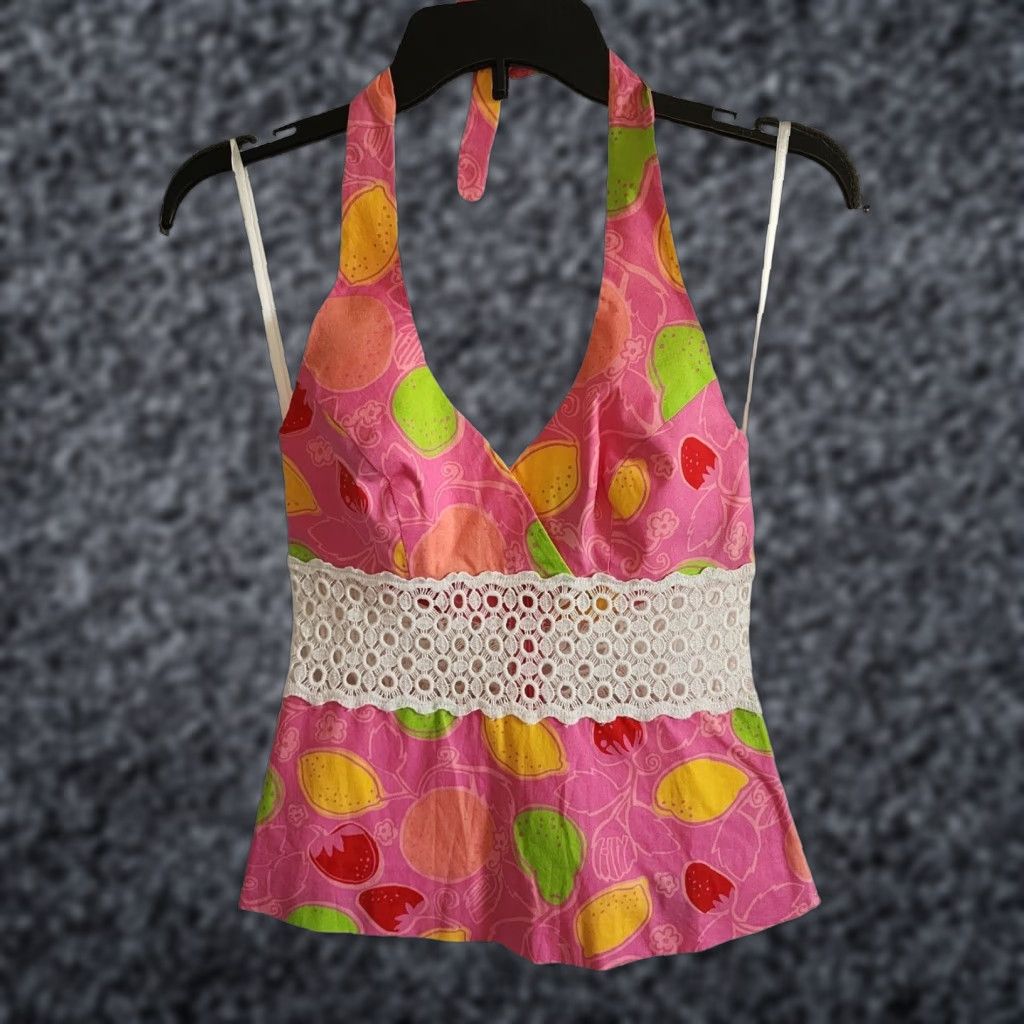 VINTAGE Lilly Pulitzer Blouse Women Small Pink Cotton Blend Fruits Tie Sleeveless Summer 2000s