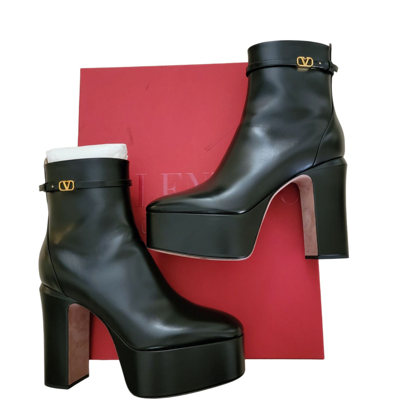 Valentino Black Platform Leather Ankle Boots V Logo Heel Shoes, Women's (Size 10.5)