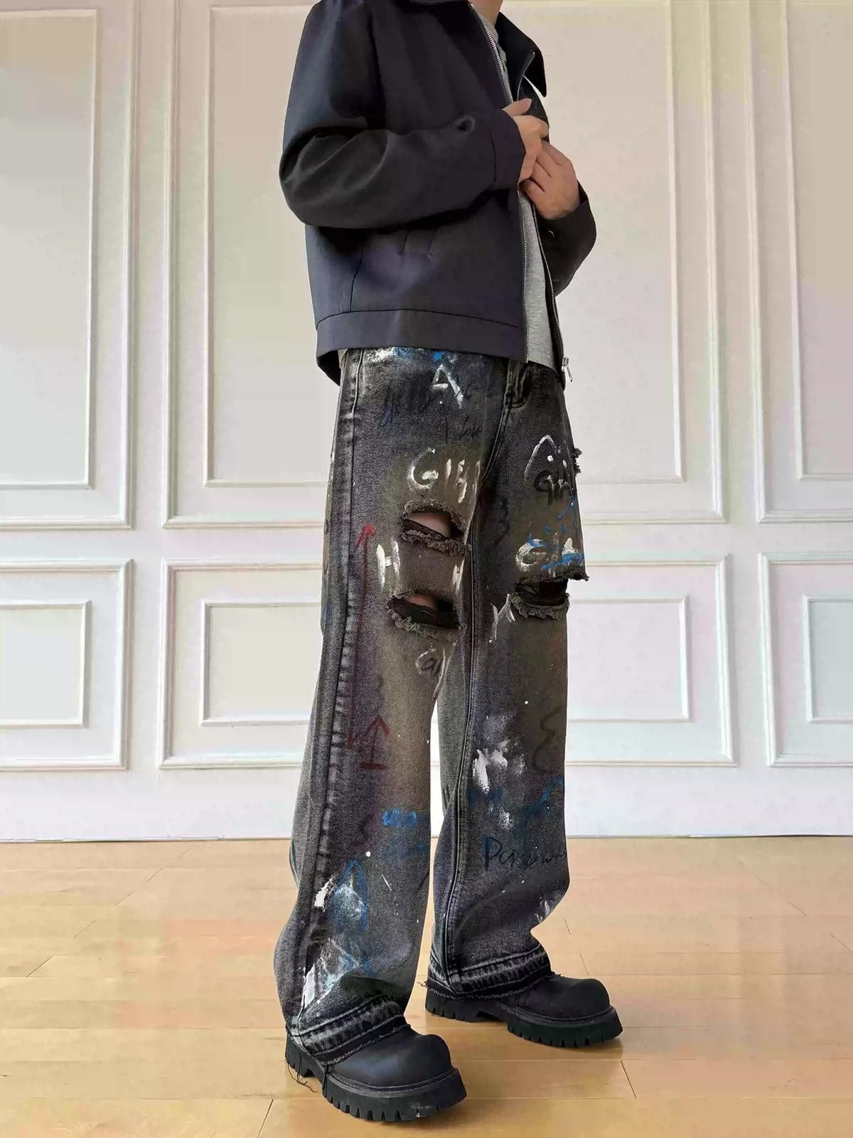 Other Graffiti-Print Ripped Wide Leg Baggy Jeans Size US 32 / EU 48 - 4 Thumbnail