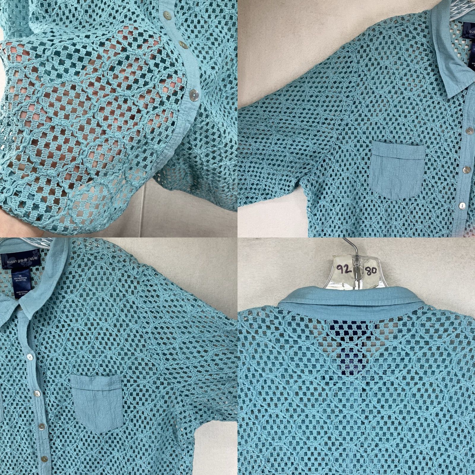 Vintage Women's 1X Button Up Top Collared Sheer Knit Crochet Style Light Aqua Pearl Size XL / US 12-14 / IT 48-50 - 8 Thumbnail