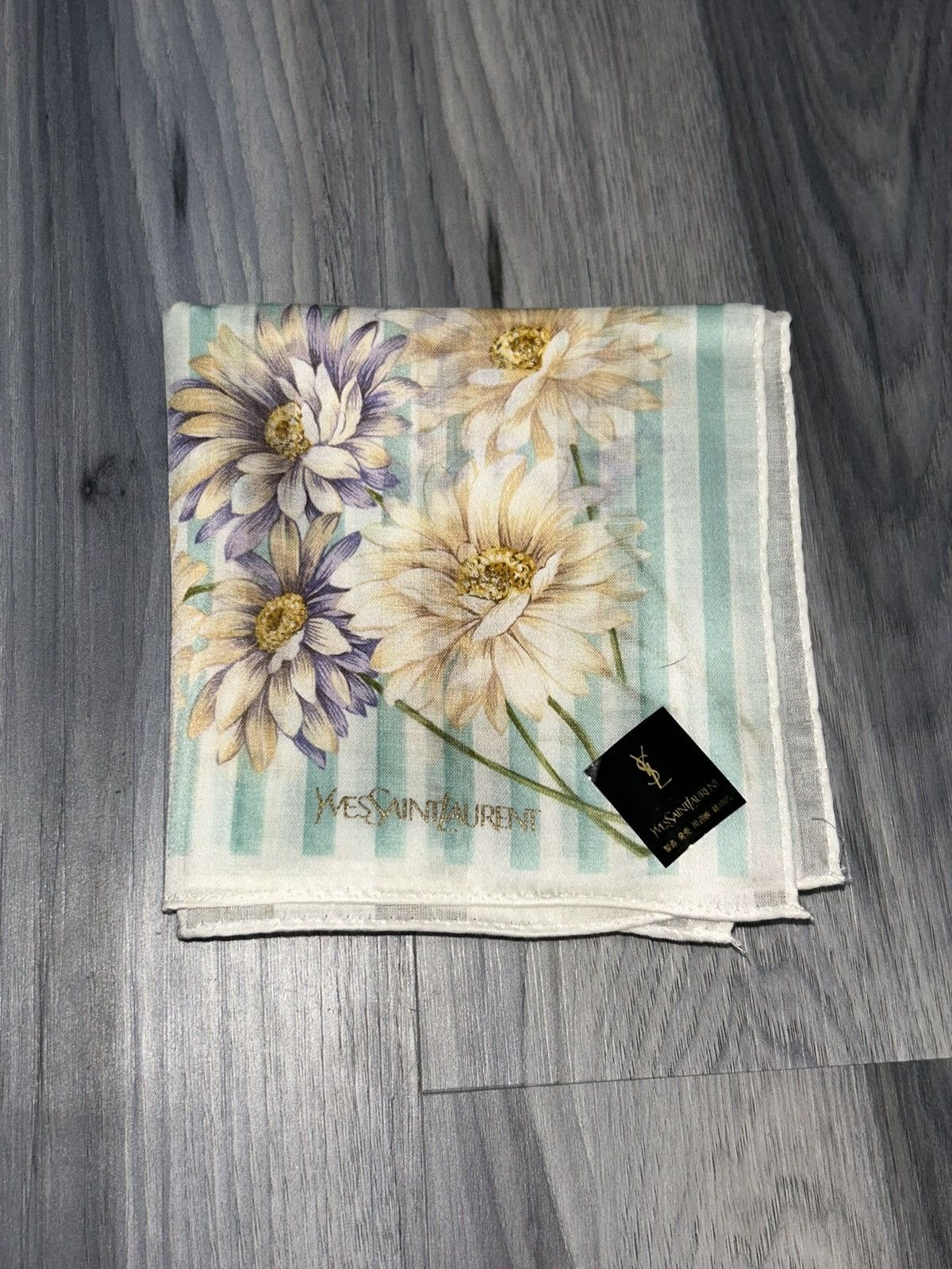 Yves Saint Laurent YSL Vintage Mint & White Striped Floral Cotton Handkerchief Size ONE SIZE - 11 Thumbnail
