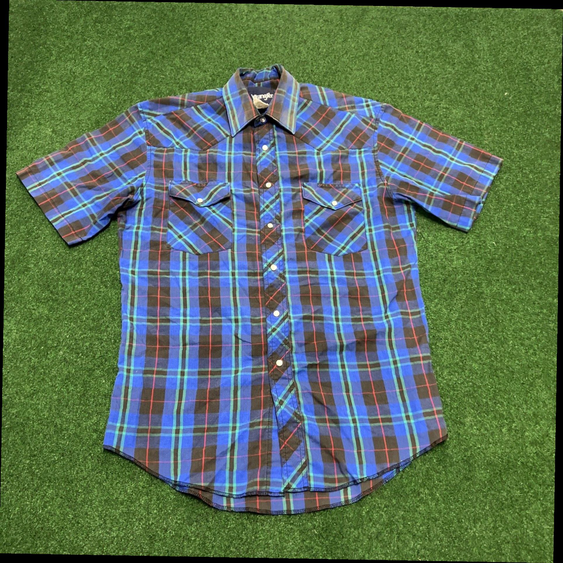 Wrangler Vintage WRANGLER Mens Large Blue Short Sleeve Western Pearl Snap Cowboy Shirt Size US L / EU 52-54 / 3 - 1 Thumbnail