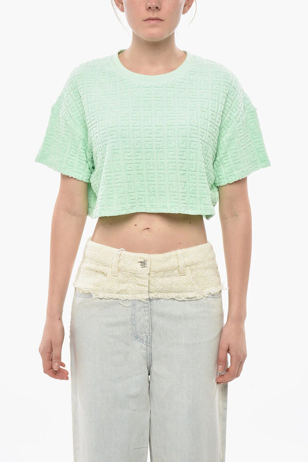 Givenchy og1mm0326 Monogram Jacquard Terry Crop T-Shirt in Green Size L / US 10 / IT 46 - 1 Thumbnail