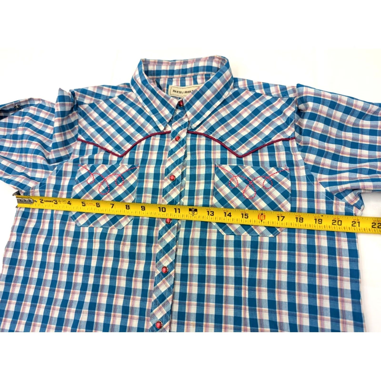 Pinko Bit & Bridle Western Shirt Women L Teal Plaid Long Sleeve Pearlsnap Embroidered Easy Care Wrinkle Resistant Casual Vintage: No Size L / US 10 / IT 46 - 2 Thumbnail