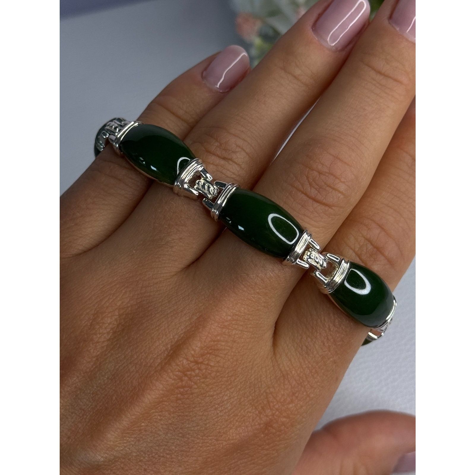 Jewelry 925 STERLING SILVER GREEN NEPHRITE BRACELET LENGTH 7.5 Size ONE SIZE - 8 Thumbnail