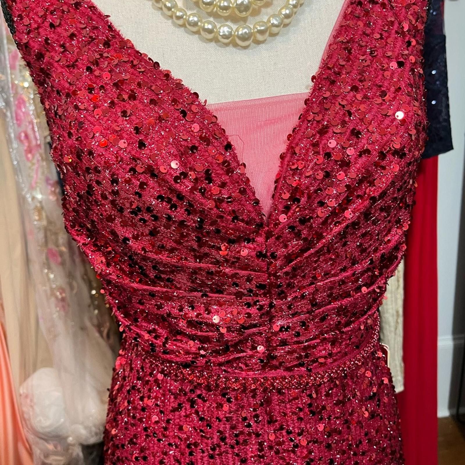 Other Red Sequin Ruched Maxi Dress V-Neck Size XL / US 12-14 / IT 48-50 - 2 Thumbnail