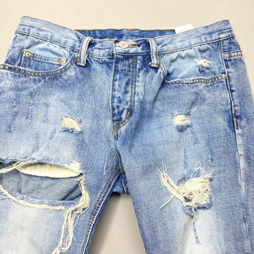MNML VINTAGE mnml Distressed Ripped Patch Jeans Size 31x33 Skinny Fit Slim Button Fly Zipper Size US 31 - 7 Thumbnail