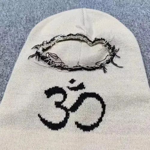 Other Aum Om Pray Symbol Distressed Knit Balaclava Ski Mask Beige Size ONE SIZE - 2 Thumbnail