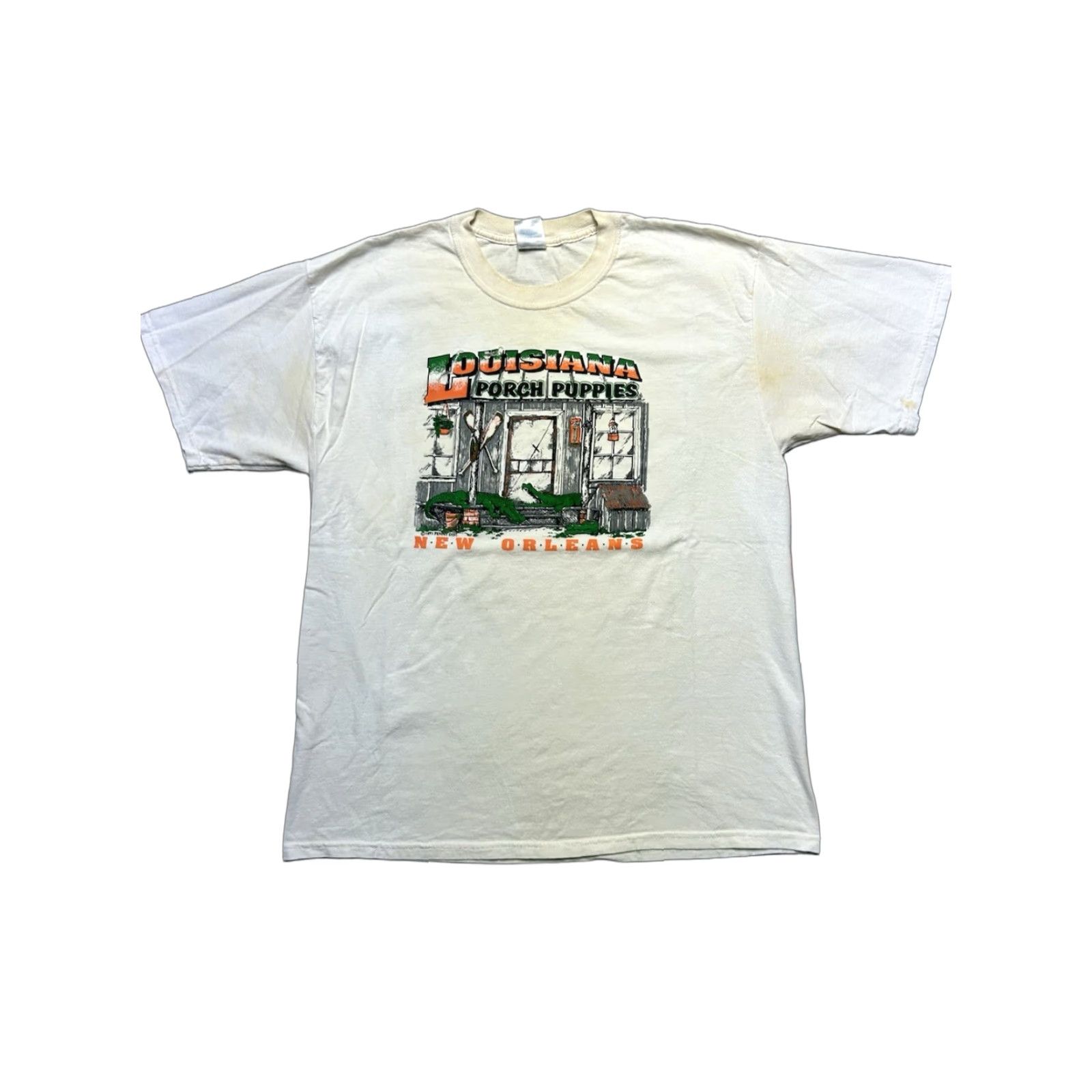 Vintage VINTAGE 90s Louisiana T-Shirt XL White Graphic Crocodile Puppies Porch Distressed Men Size US XL / EU 56 / 4 - 1 Thumbnail