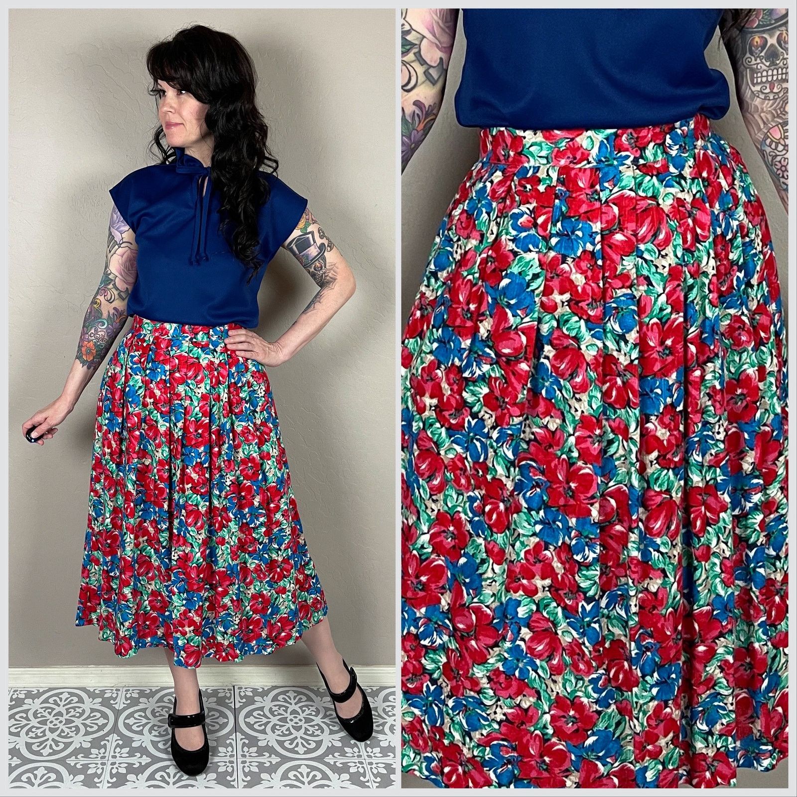 Vintage Vintage 1970s Floral Print Pleated Midi Mom Skirt Size 30" / US 8 / IT 44 - 1 Thumbnail