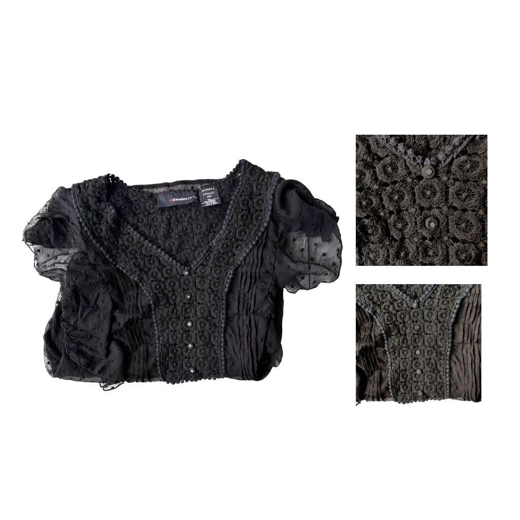 Vintage Denim 24 7 Blouse 14W Black Semi Sheer Swiss Dots Sexy Size XL / US 12-14 / IT 48-50 - 9 Thumbnail
