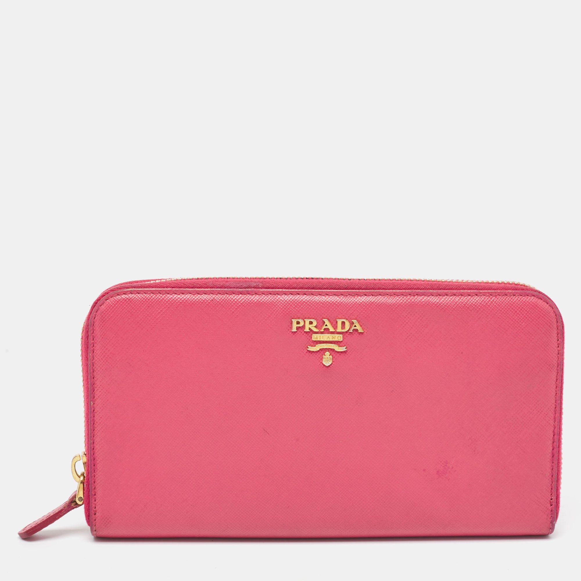 image of Prada Pink Saffiano Metal Leather Zip Continental Wallet, Women's