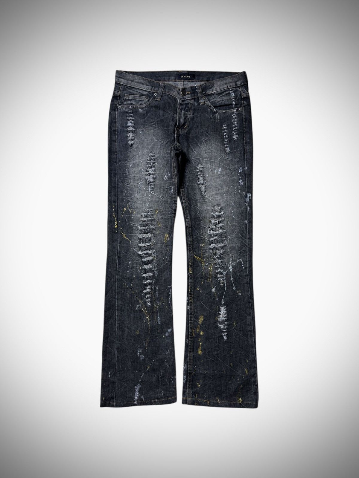 Japanese Brand 2000’s K.U.I - Japanese Archive’s Splash Ripped Flared Jeans Size US 30 / EU 46 - 1 Thumbnail