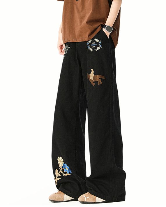 Japanese Brand Men's street hip-hop wide-leg loose flared embroidered jeans Size US 32 / EU 48 - 4 Thumbnail
