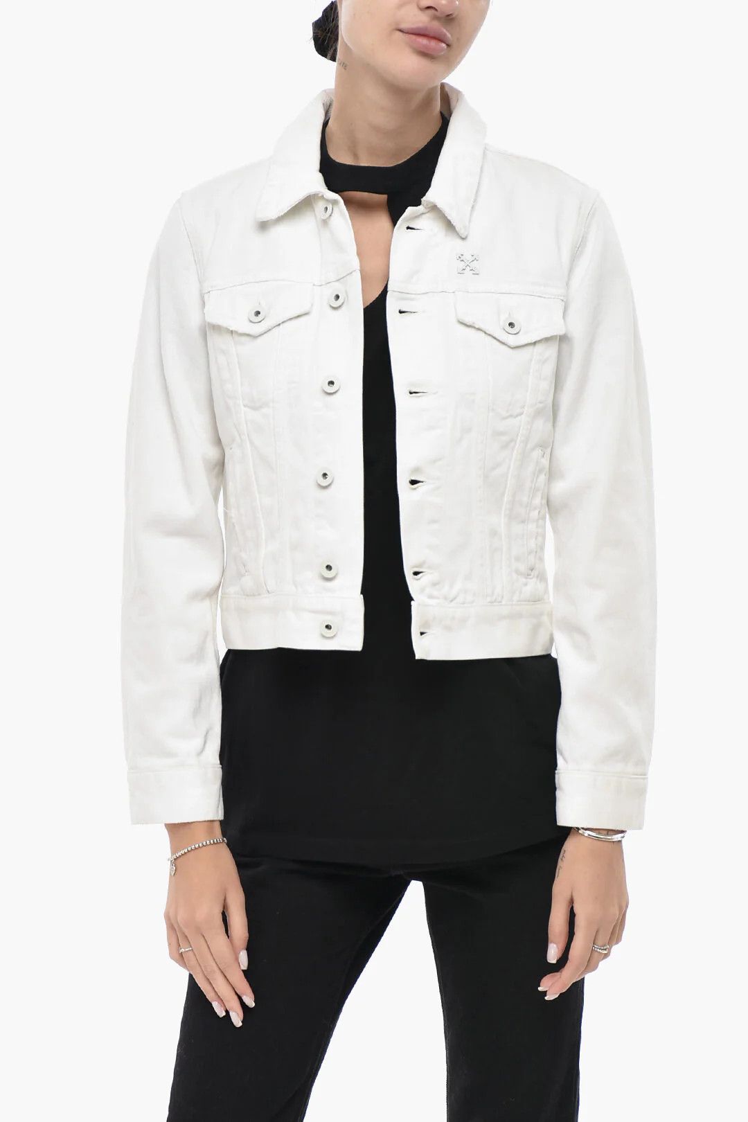 Off-White og1mm0426 Printed Denim Crop Jacket in White Size S / US 4 / IT 40 - 1 Thumbnail