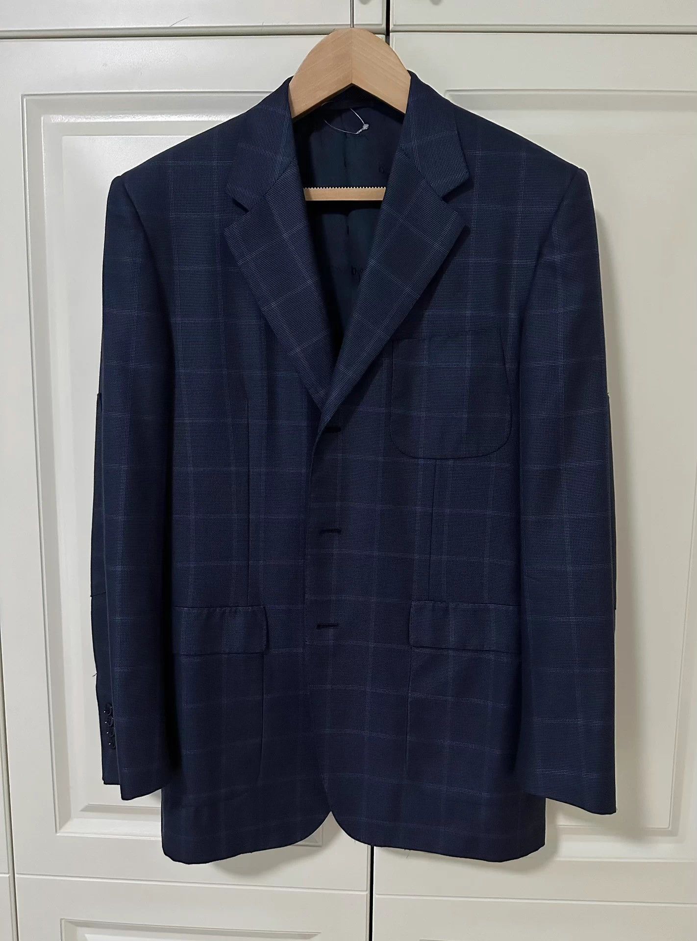 BIJAN Bijan Navy Windowpane Silk Wool Blazer 52 Size US L / EU 52-54 / 3 - 1 Thumbnail