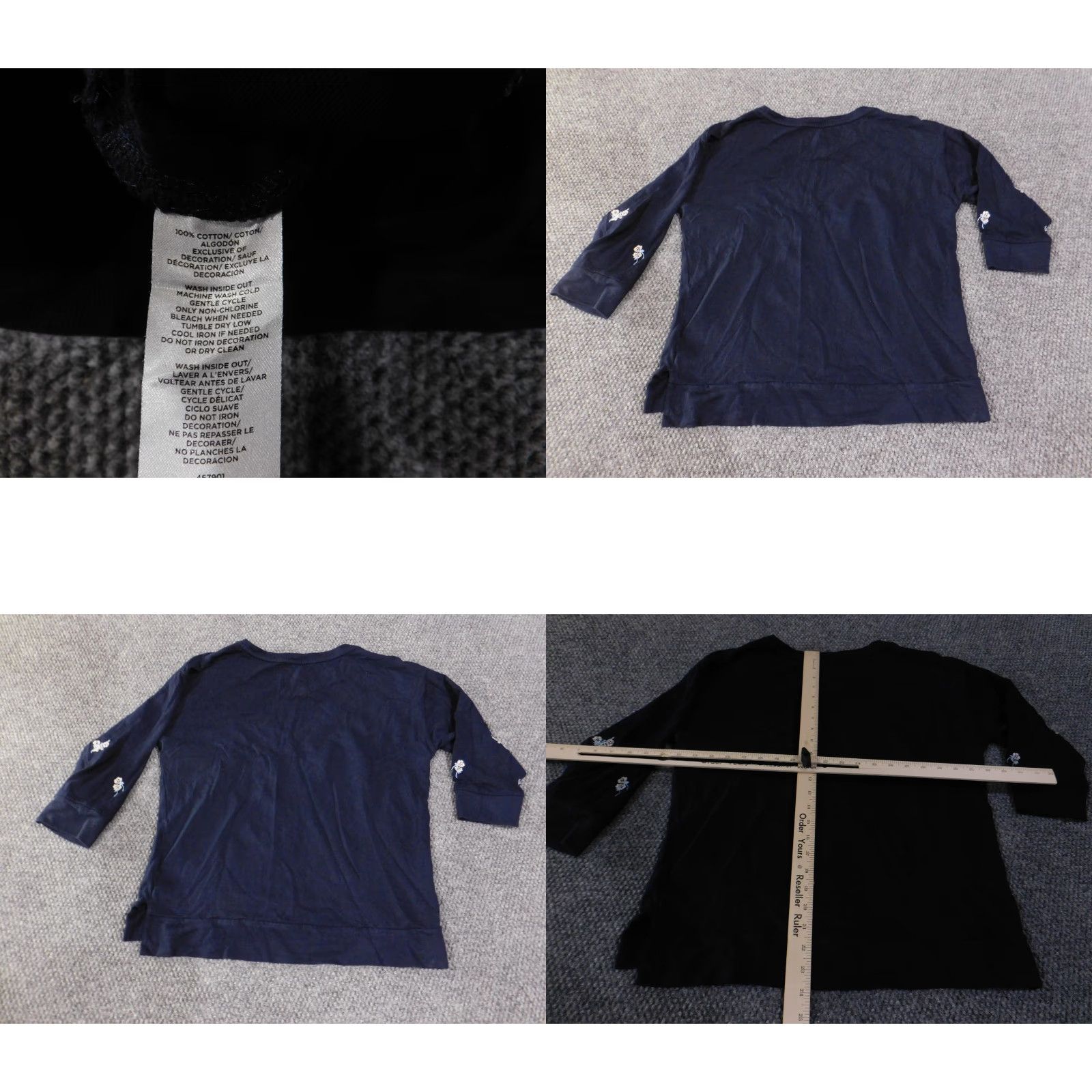 Loft LOFT Shirt Womens Small Navy Blue Embroidered Floral 3/4 Sleeve Crewneck Cotton Size S / US 4 / IT 40 - 8 Thumbnail