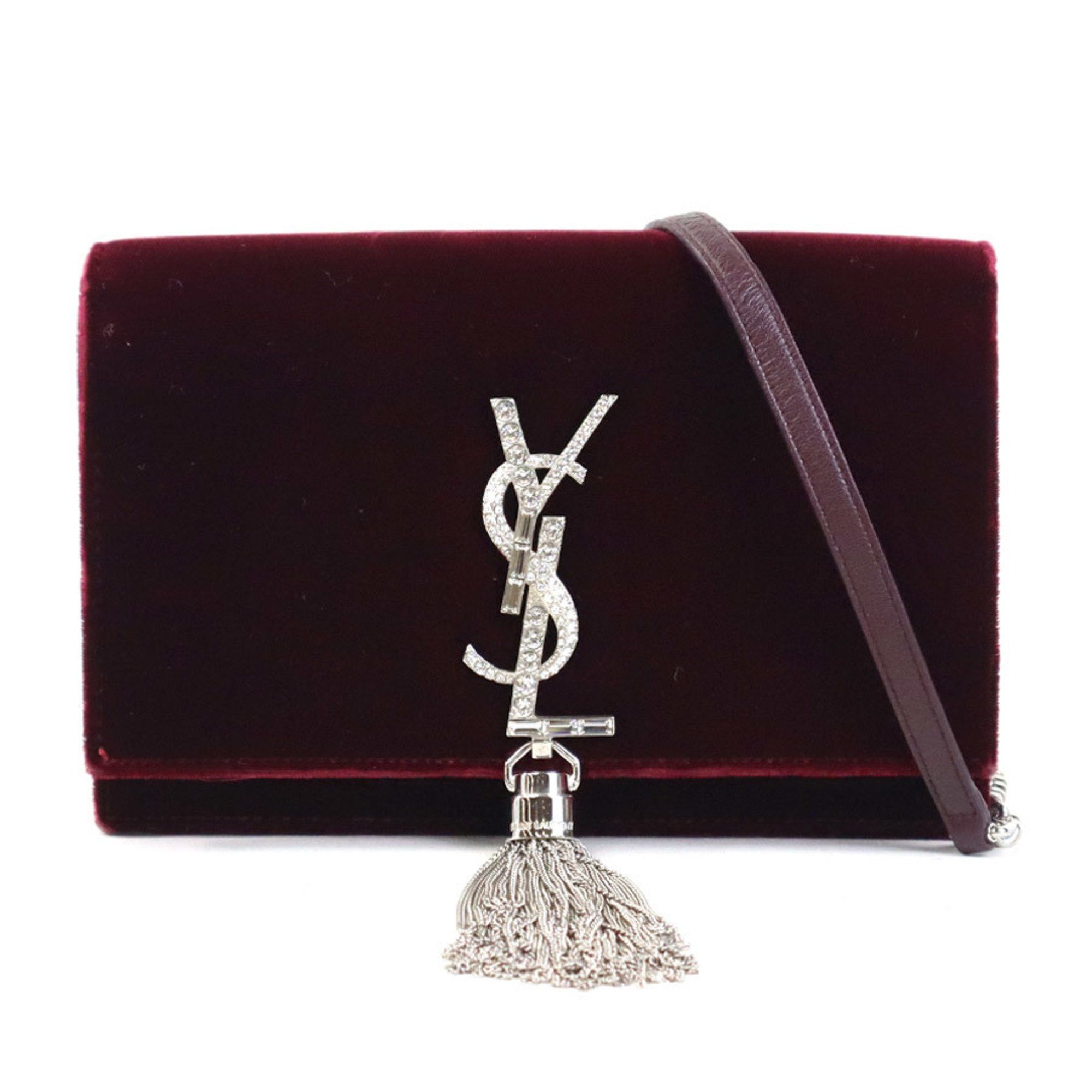 Saint Laurent Paris Saint Laurent Shoulder Bag, Wallet, Velvet, Rhinestone, Burgundy, Silver, Women's, E60336A in Red