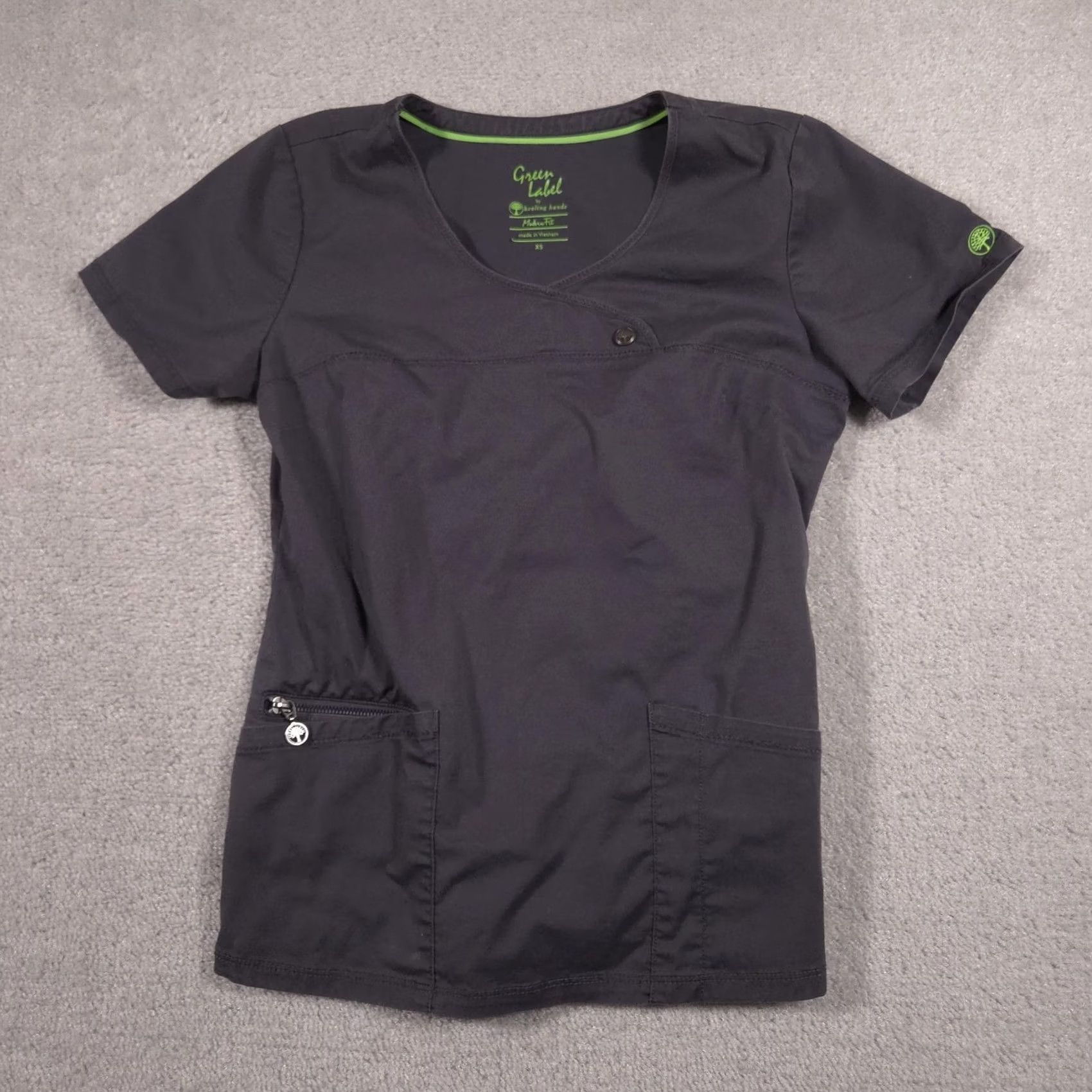 Vintage Healing Hands Green Label Scrub Top Womens XS Gray V Neck Pockets Nurse Medical Shirt Blouse Tunic Short Sleeve Slim Fit Size XS / US 0-2 / IT 36-38 - 2 Thumbnail
