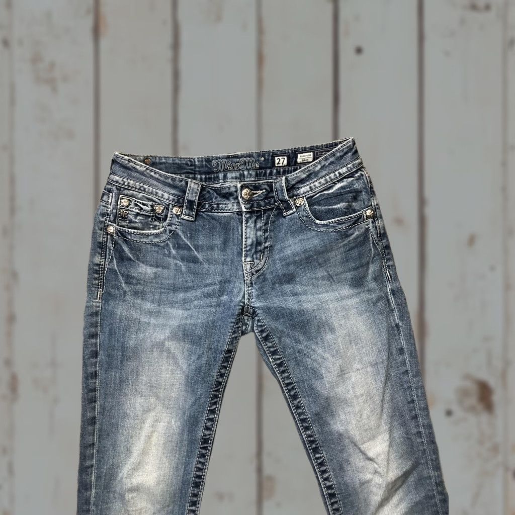 Miss Me Miss Me Jeans Womens 27 Blue Signature Bootcut Denim Back Pockets Embellished Rhinestone Studded Distressed Pockets Light Wash Leather? Size 27" / US 4 / IT 40 - 1 Thumbnail