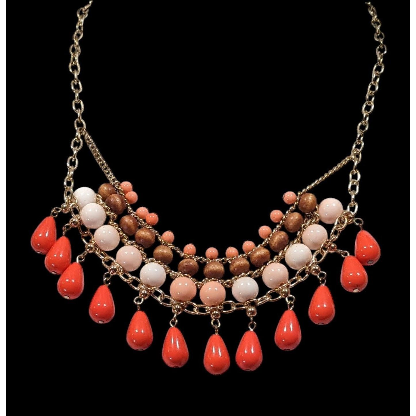 Other Retro Bohemian Orange And Pink Beaded Fringe Bib Necklace Size ONE SIZE - 3 Thumbnail