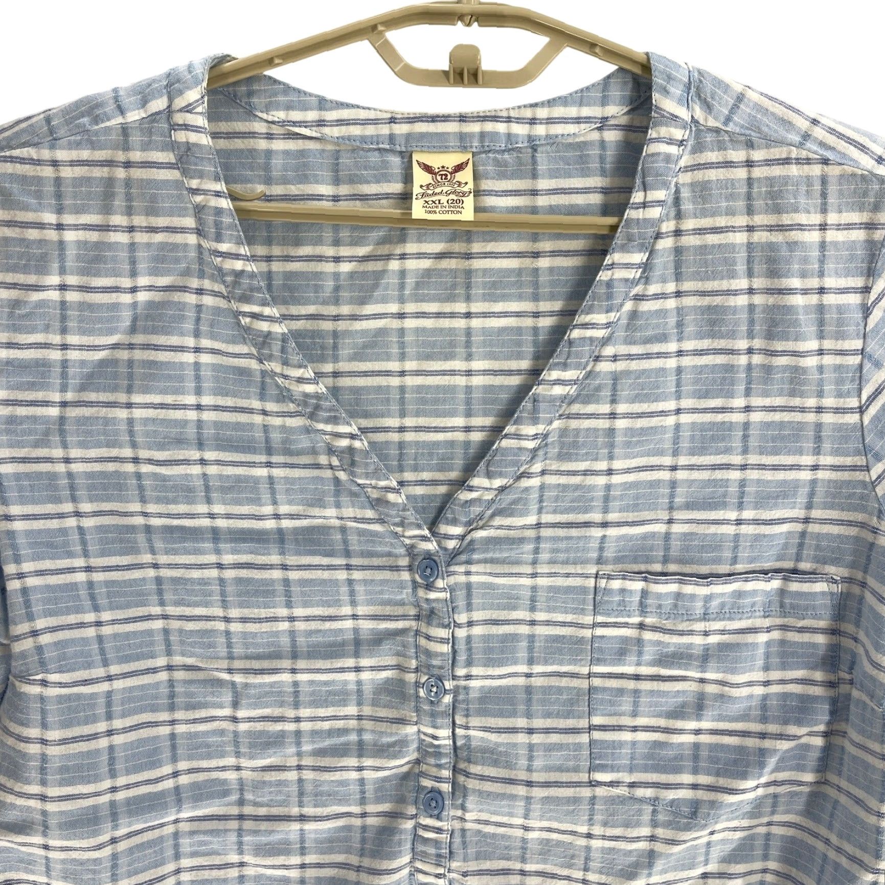 Faded Glory Faded Glory Blouse Blue White Plaid 2XL 100% Cotton V-Neck Tunic Shirt Womens Casual Size XXL / US 16-18 / IT 52-54 - 2 Thumbnail