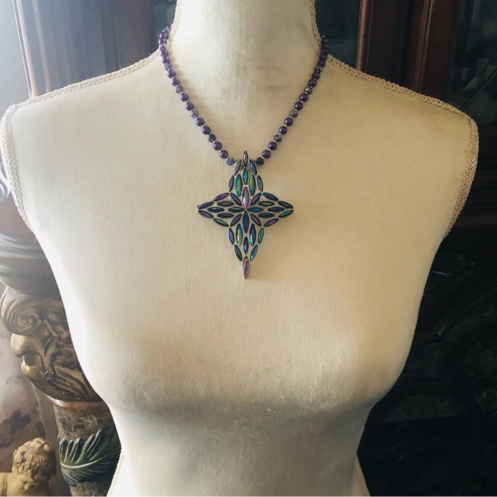 Handmade Handcrafted repurpose marquis stone cross Pearl necklace Size ONE SIZE - 6 Thumbnail