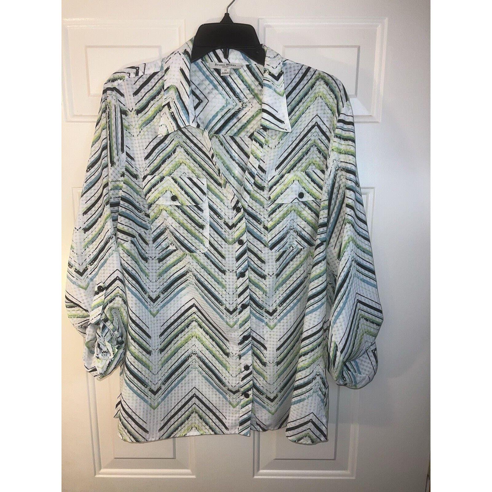 & Other Stories Studio Works Blouse Womens XXL Button Down Shirt White Green Size XXL / US 16-18 / IT 52-54 - 2 Thumbnail