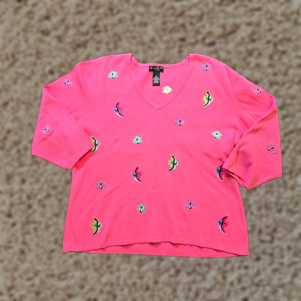 Vintage Alexandra Bartlett Top Womens 3X Pink Fish Embroidered Knit Beach Casual Shirt Blouse Womens Size XXL / US 16-18 / IT 52-54 - 1 Thumbnail