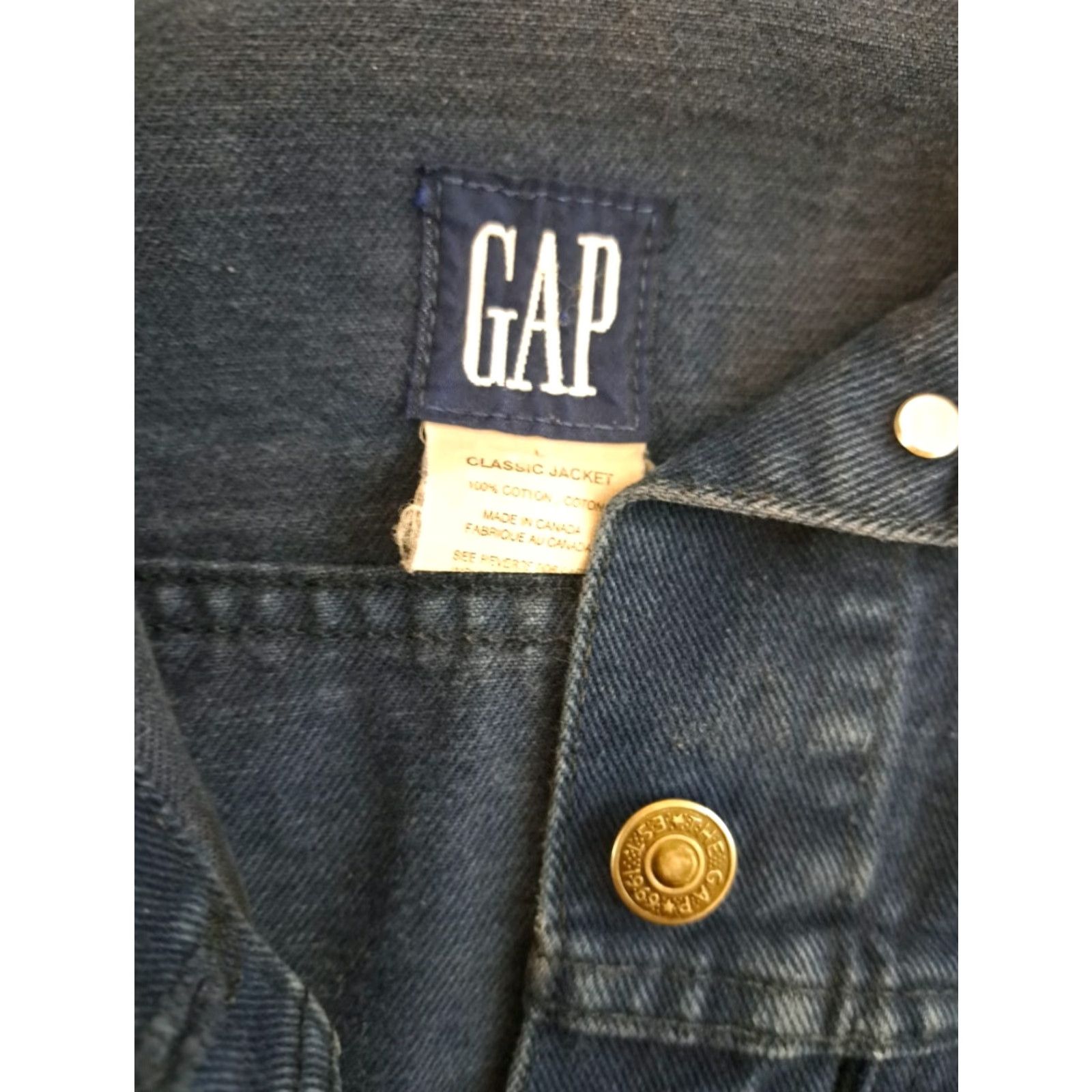 Gap VINTAGE Gap Full Button Blue Jean Bomber Jacket L Mens Blue Motorcycle Jacket 25in long 24in pit to pit EUC Canada Size US 33 - 5 Thumbnail