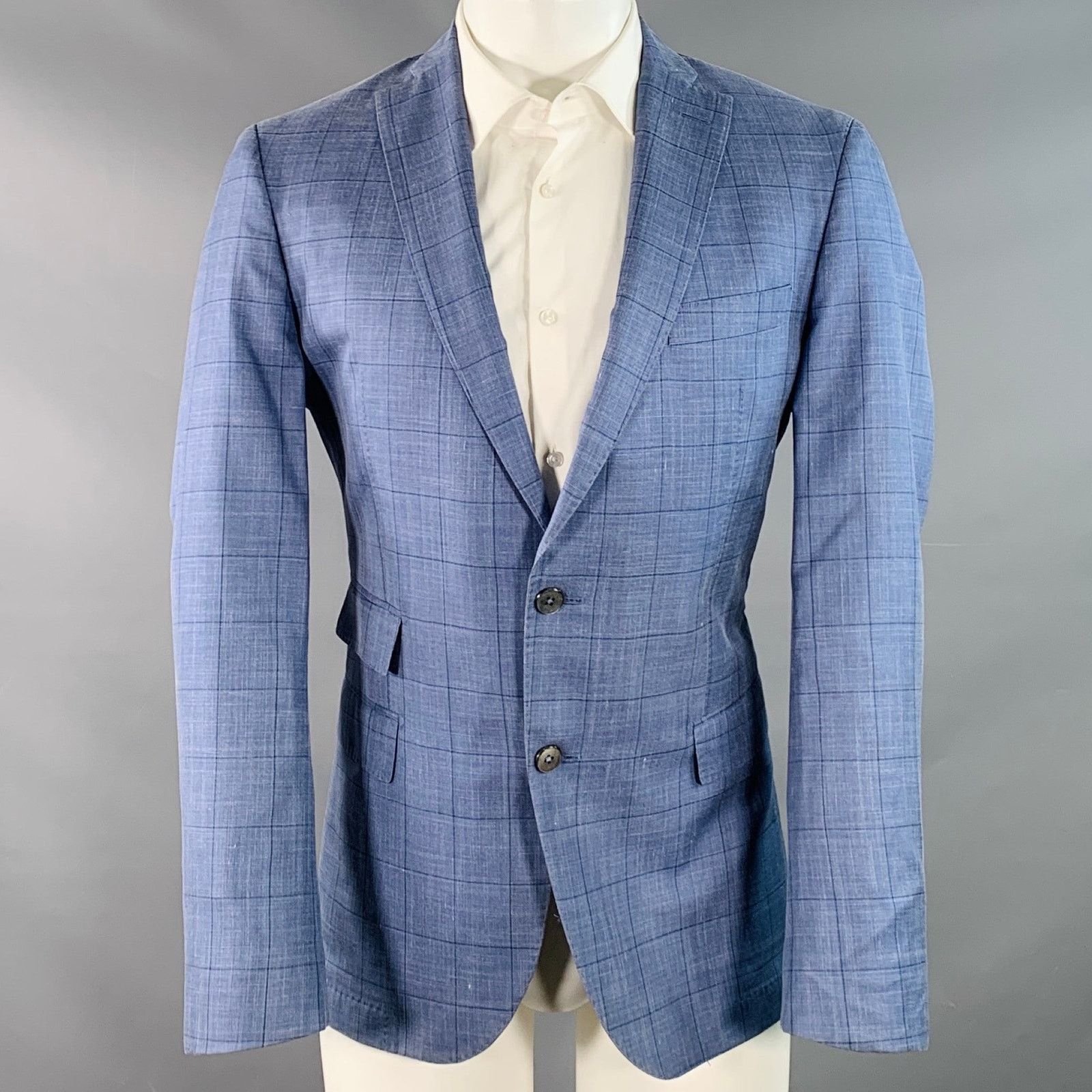 Hugo Boss Blue Black Window Pane Silk Linen Tailored Fit Sport Coat Size 40R - 1 Thumbnail