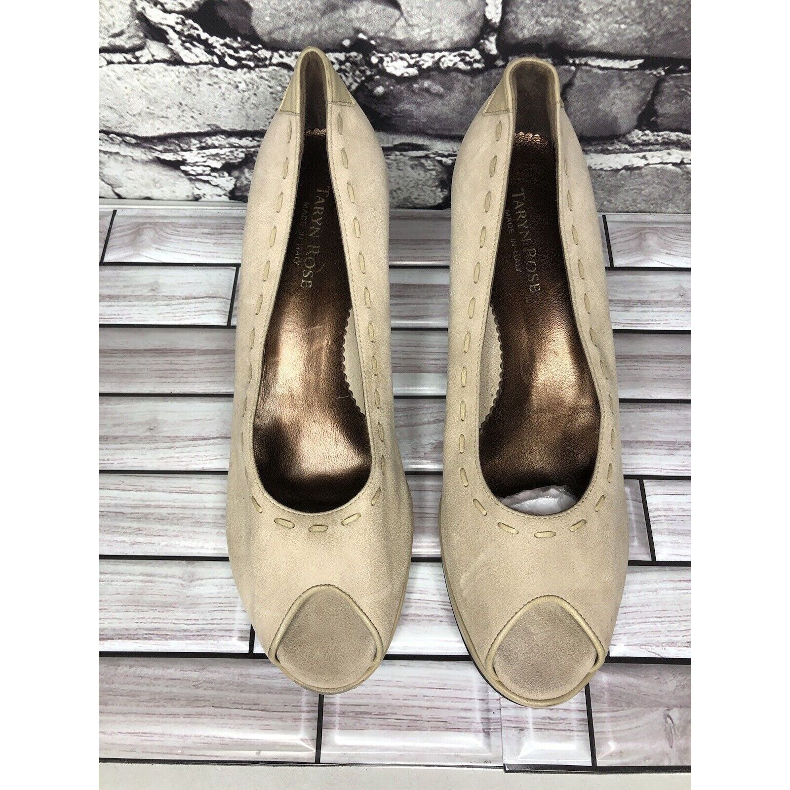 Other Taryn Rose Beige Suede Leather Peep Toe Dress High Wedges Wo Size US 9 / IT 39 - 20 Thumbnail