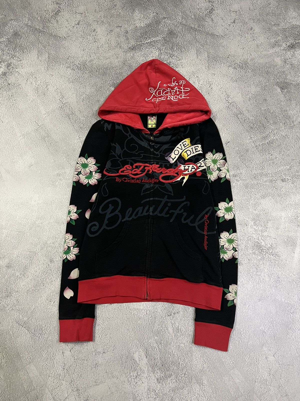 image of Christian Audigier x Ed Hardy Vintage Y2K Ed Hardy Skull All Over Print Zip Hoodie 00’S in Black, W
