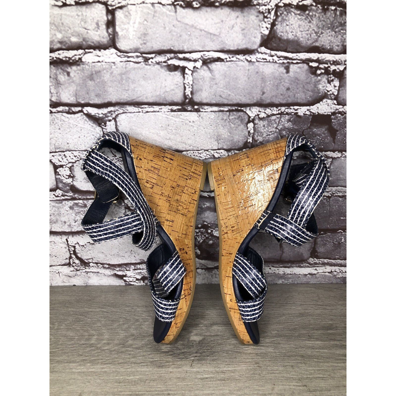 Cole Haan Cole Haan Grand OS Blue White Stripe Leather Cork Wedge Sand Size US 7.5 / IT 37.5 - 9 Thumbnail