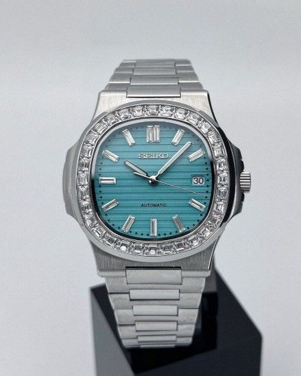Japanese Brand Seiko Mod Nautilus Tiffany Blue Diamond Steel Watch 41mm Size ONE SIZE - 4 Thumbnail