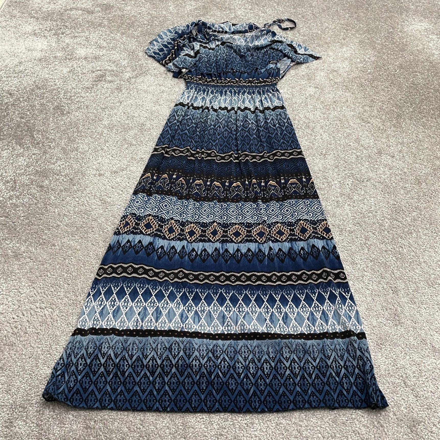 Vintage West Loop Maxi Dress Women M Blue Cold Shoulder Geometric Aztec Casual Knit Polyester Spandex Size M / US 6-8 / IT 42-44 - 2 Thumbnail