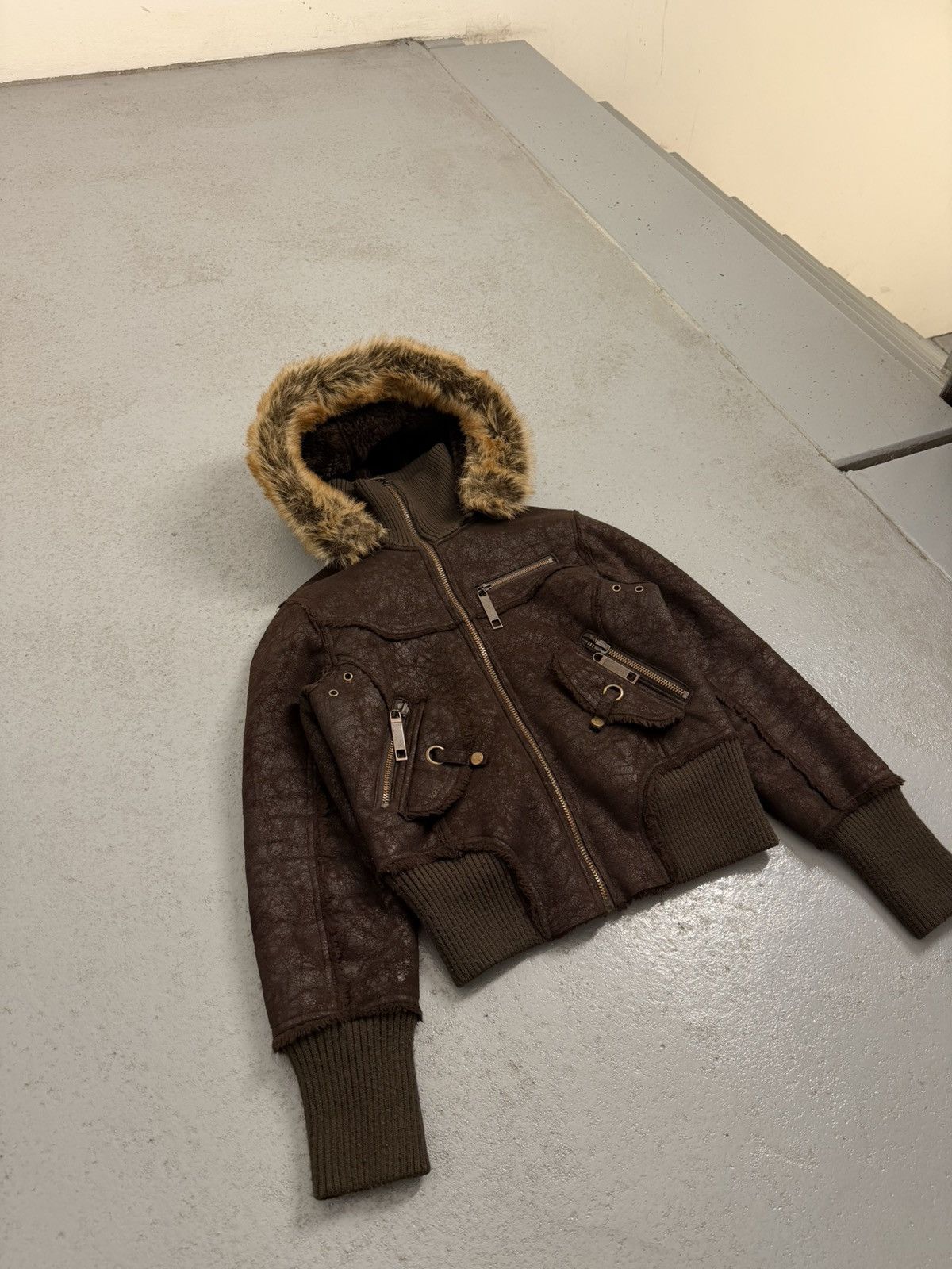 Other Suede Leather Multi-zip Narrow Waist Fur Bomber Jacket Size L / US 10 / IT 46 - 3 Thumbnail