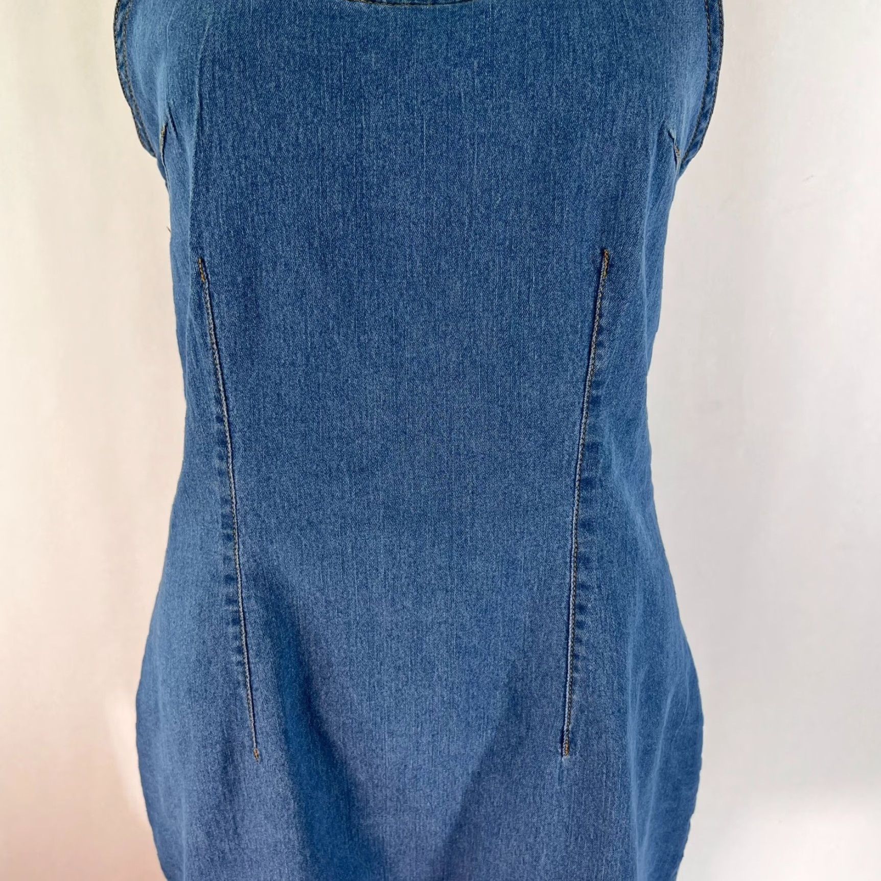 Denime VINTAGE Highway Jeans Denim Strapless Mini Dress Womens Size L Blue Cross Back Strap 90s Hippie Dress Womens Size 36" / US 14 / IT 50 - 3 Thumbnail